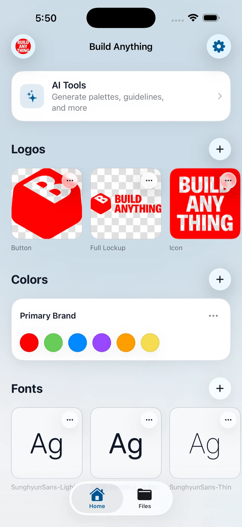 The Flux home screen showing a brand’s logos, color palette and fonts